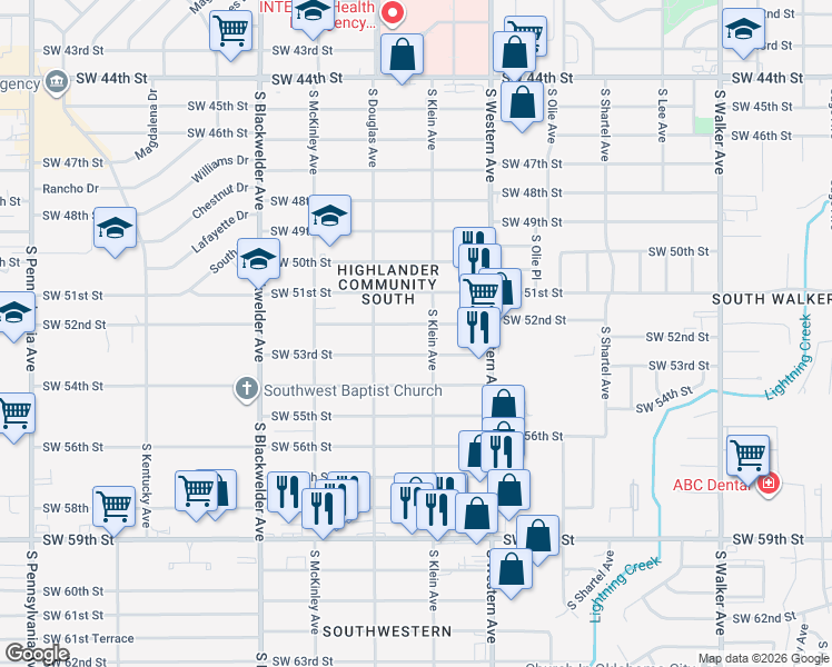 map of restaurants, bars, coffee shops, grocery stores, and more near 1008 Southwest 53rd Street in Oklahoma City