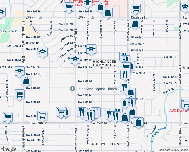 map of restaurants, bars, coffee shops, grocery stores, and more near 1124 Southwest 53rd Street in Oklahoma City