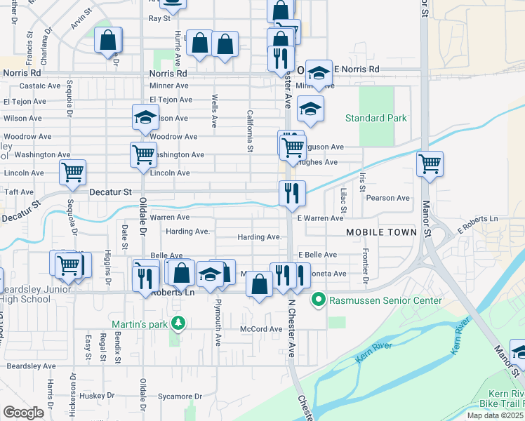 map of restaurants, bars, coffee shops, grocery stores, and more near 116 Warren Avenue in Bakersfield