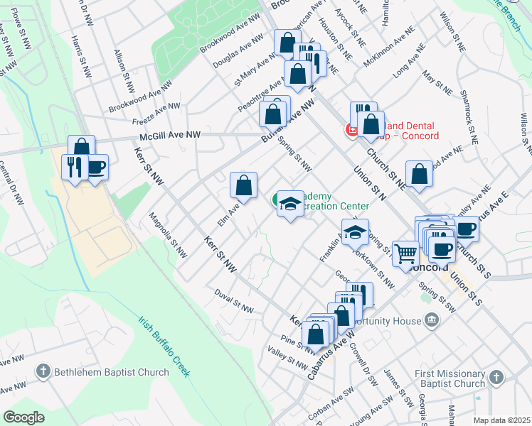 map of restaurants, bars, coffee shops, grocery stores, and more near 164 Academy Avenue Northwest in Concord