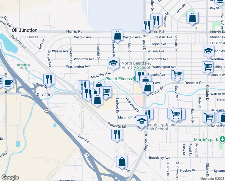 map of restaurants, bars, coffee shops, grocery stores, and more near 1000 Olive Drive in Bakersfield