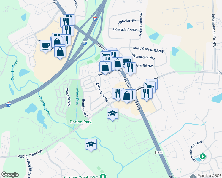 map of restaurants, bars, coffee shops, grocery stores, and more near 5473 Coleman Circle Northwest in Concord