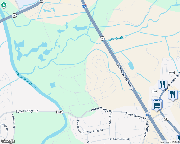 map of restaurants, bars, coffee shops, grocery stores, and more near 321 Tap Root Lane in Fletcher