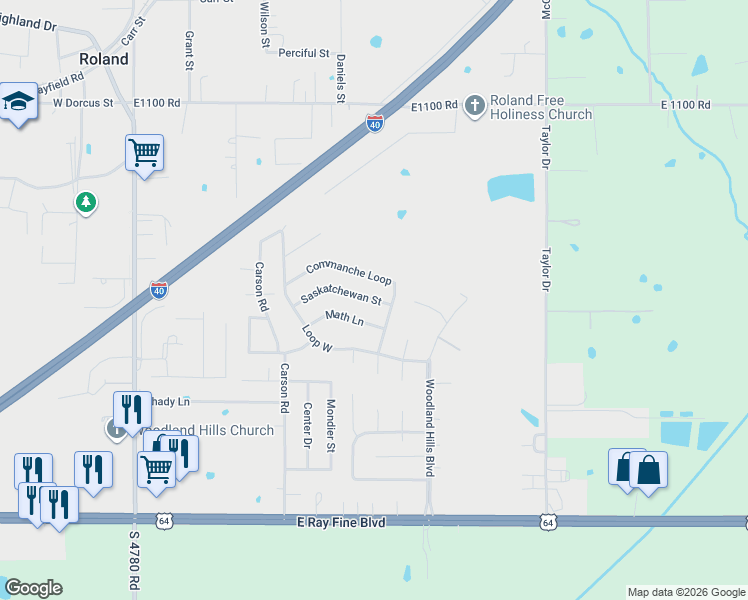 map of restaurants, bars, coffee shops, grocery stores, and more near 5044 Commanche Loop in Roland