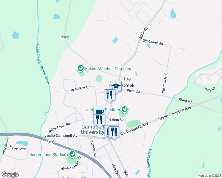 map of restaurants, bars, coffee shops, grocery stores, and more near 109 Hartwell Circle in Lillington