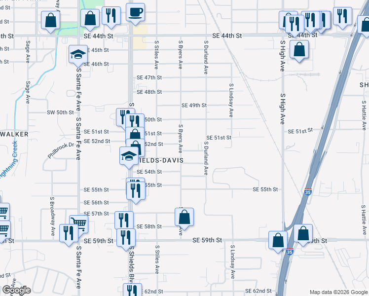 map of restaurants, bars, coffee shops, grocery stores, and more near 5200 South Byers Avenue in Oklahoma City