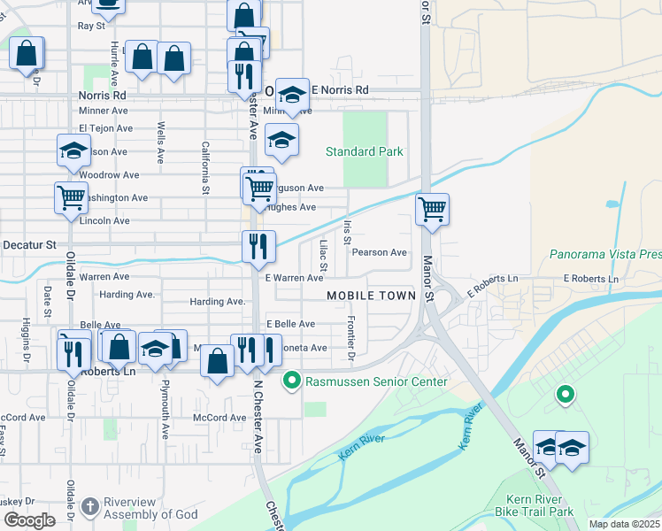 map of restaurants, bars, coffee shops, grocery stores, and more near 716 Lilac Street in Bakersfield