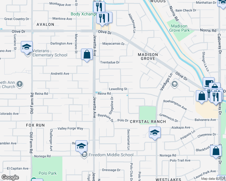 map of restaurants, bars, coffee shops, grocery stores, and more near 11017 Truchard Court in Bakersfield