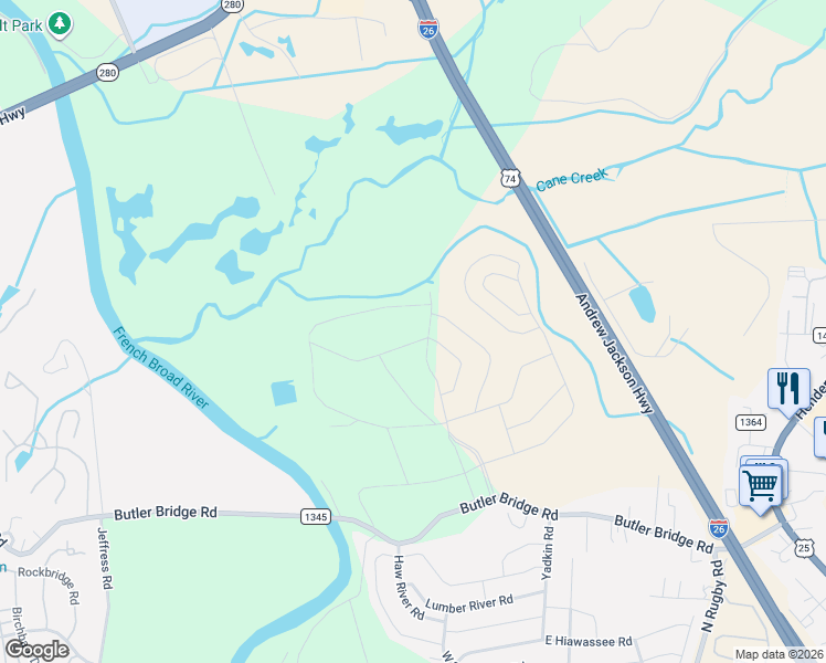 map of restaurants, bars, coffee shops, grocery stores, and more near 329 Tap Root Lane in Fletcher