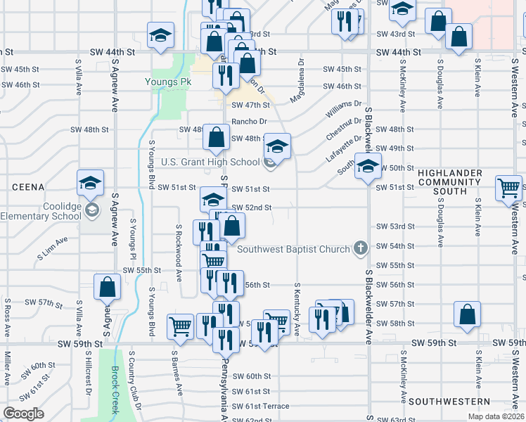 map of restaurants, bars, coffee shops, grocery stores, and more near 1526 Southwest 51st Street in Oklahoma City