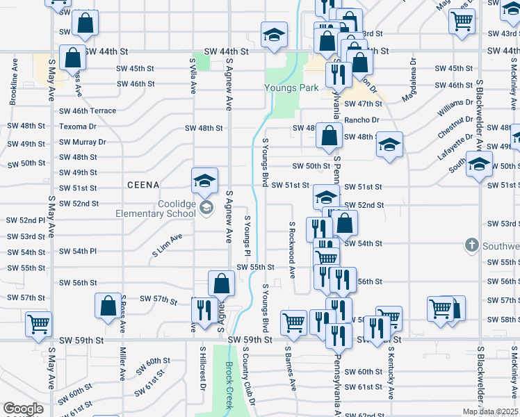 map of restaurants, bars, coffee shops, grocery stores, and more near 5213 South Youngs Boulevard in Oklahoma City