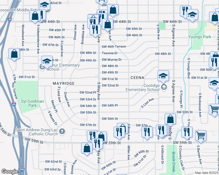 map of restaurants, bars, coffee shops, grocery stores, and more near 2824 Southwest 51st Street in Oklahoma City