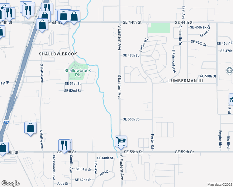 map of restaurants, bars, coffee shops, grocery stores, and more near 5131 South Eastern Avenue in Oklahoma City