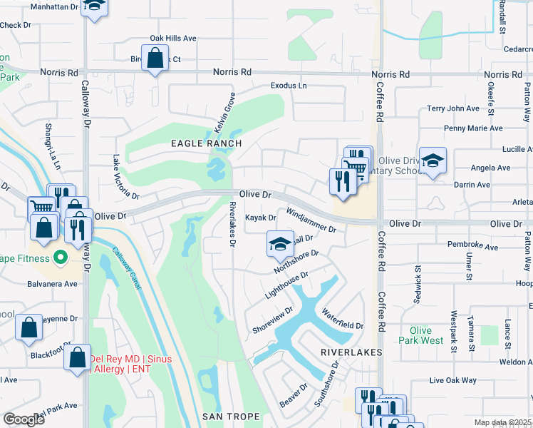 map of restaurants, bars, coffee shops, grocery stores, and more near 8616 Windjammer Drive in Bakersfield