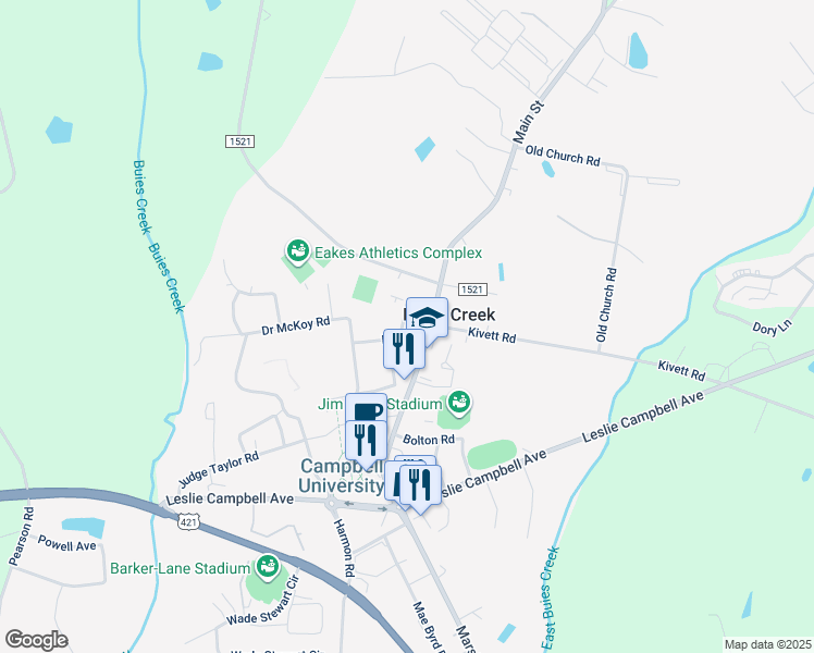 map of restaurants, bars, coffee shops, grocery stores, and more near 109 Hartwell Circle in Lillington