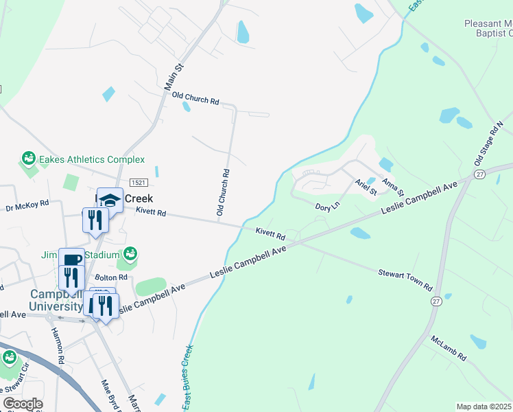 map of restaurants, bars, coffee shops, grocery stores, and more near 509 Old Church Road in Lillington