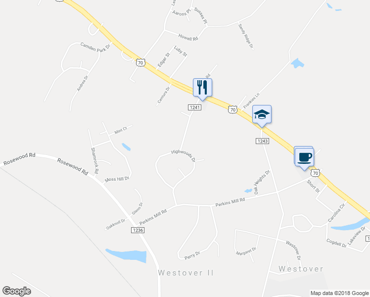 map of restaurants, bars, coffee shops, grocery stores, and more near 222 Highwoods Drive in Goldsboro