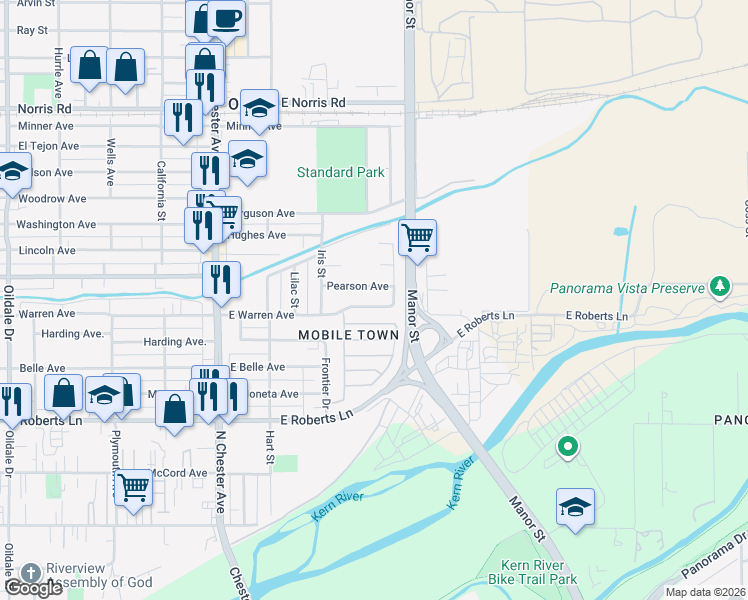 map of restaurants, bars, coffee shops, grocery stores, and more near 444 East Warren Avenue in Bakersfield