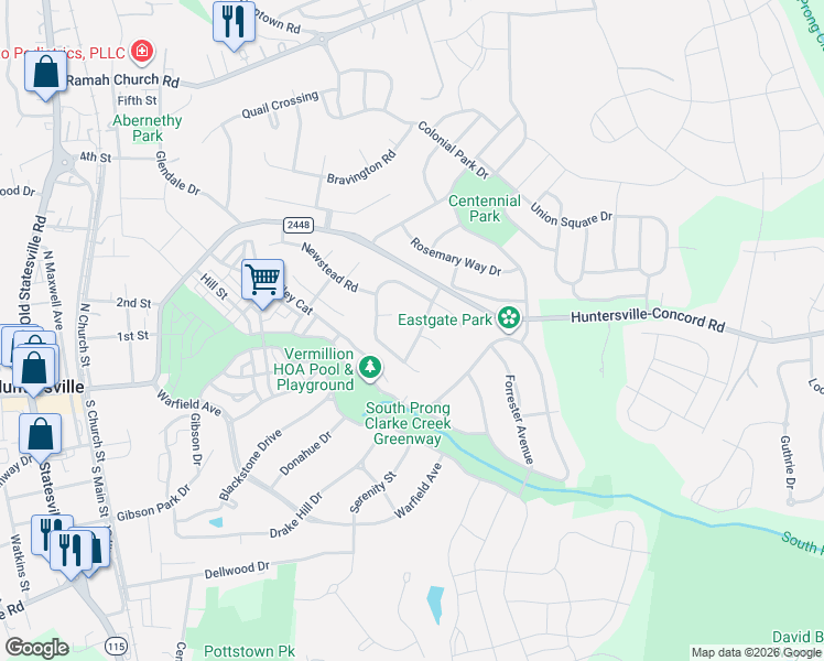 map of restaurants, bars, coffee shops, grocery stores, and more near 14012 Kedleston Road in Huntersville