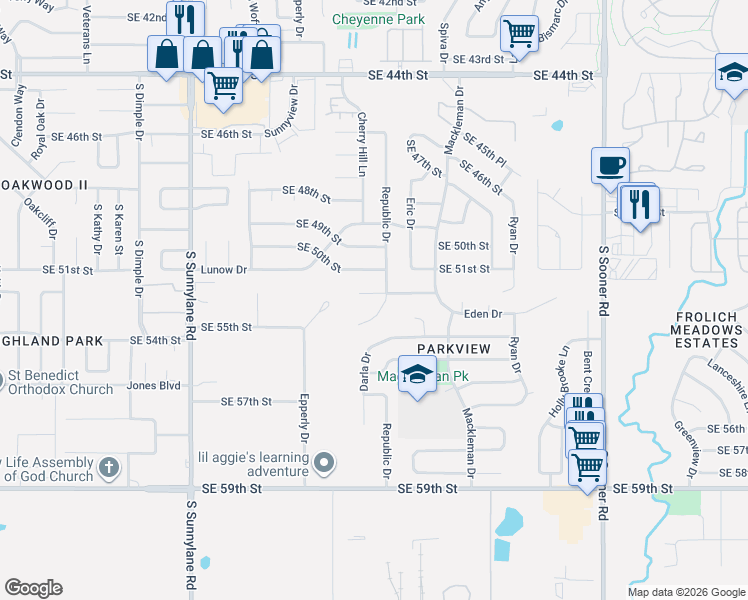 map of restaurants, bars, coffee shops, grocery stores, and more near 4809 Southeast 52nd Street in Oklahoma City