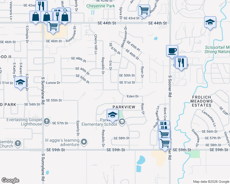 map of restaurants, bars, coffee shops, grocery stores, and more near 5009 Southeast 52nd Street in Oklahoma City