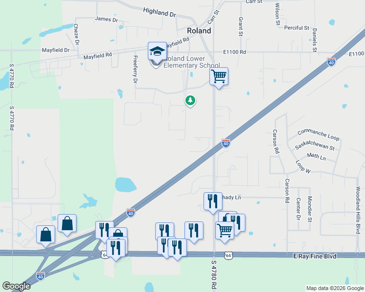 map of restaurants, bars, coffee shops, grocery stores, and more near 378 Creek Street in Roland