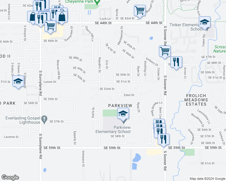 map of restaurants, bars, coffee shops, grocery stores, and more near 5008 Southeast 52nd Street in Oklahoma City