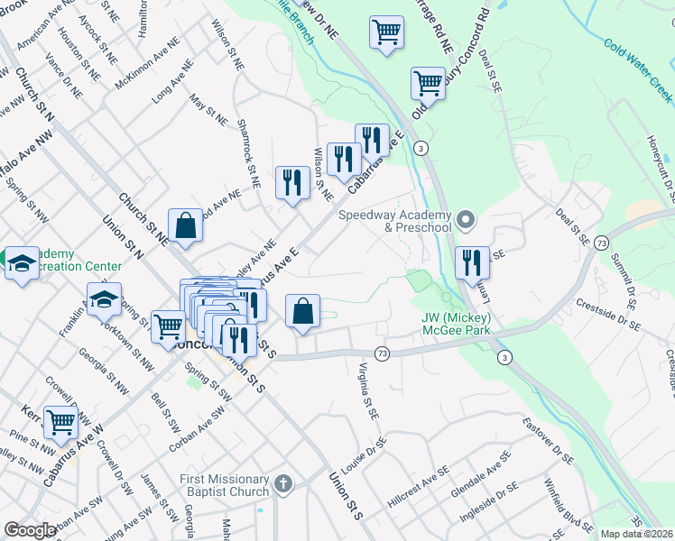 map of restaurants, bars, coffee shops, grocery stores, and more near 168 Patterson Avenue Southeast in Concord