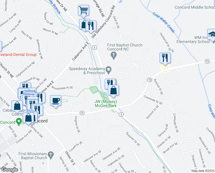 map of restaurants, bars, coffee shops, grocery stores, and more near Branchview Drive Northeast in Concord