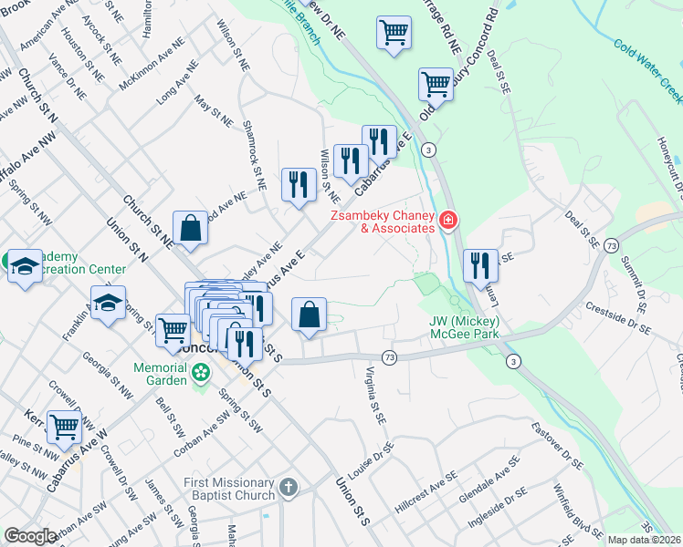 map of restaurants, bars, coffee shops, grocery stores, and more near 168 Patterson Avenue Southeast in Concord