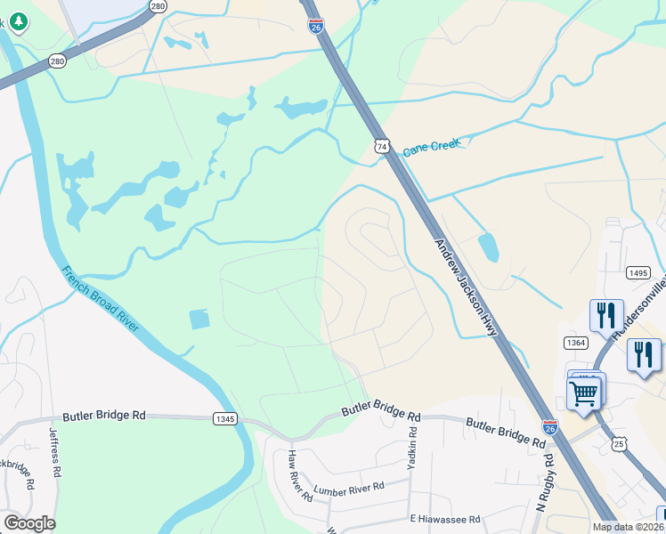 map of restaurants, bars, coffee shops, grocery stores, and more near 321 Tap Root Lane in Fletcher