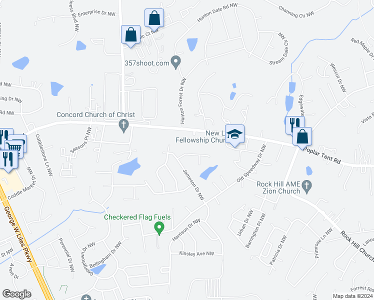 map of restaurants, bars, coffee shops, grocery stores, and more near 535 Brightleaf Place Northwest in Concord
