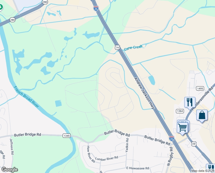 map of restaurants, bars, coffee shops, grocery stores, and more near 296 Tap Root Lane in Fletcher