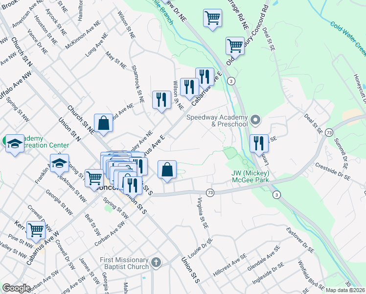 map of restaurants, bars, coffee shops, grocery stores, and more near 168 Patterson Avenue Southeast in Concord
