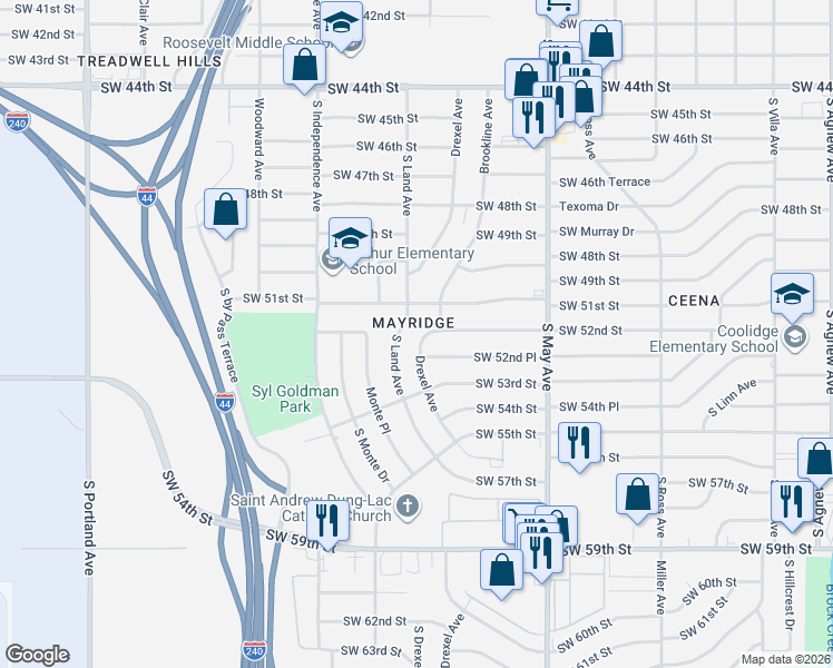 map of restaurants, bars, coffee shops, grocery stores, and more near 3112 Southwest 51st Street in Oklahoma City