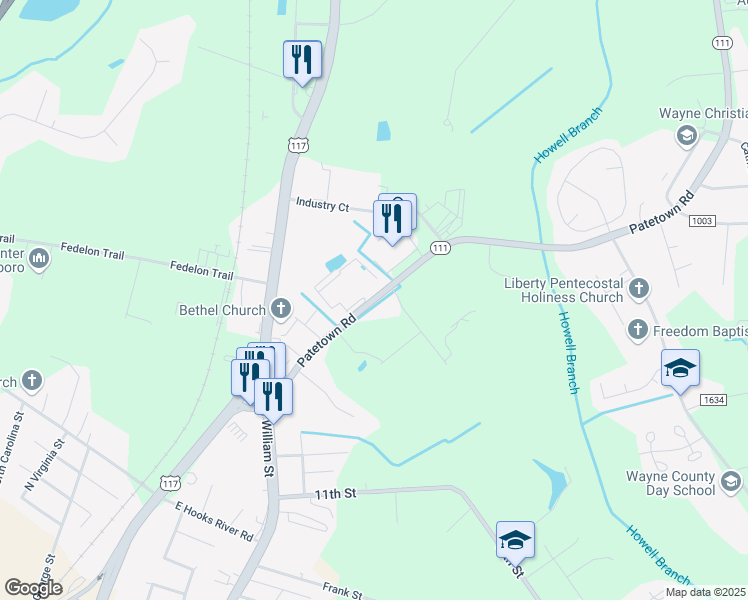 map of restaurants, bars, coffee shops, grocery stores, and more near 504 Patetown Road in Goldsboro