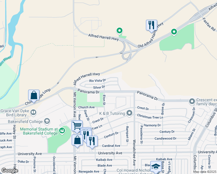 map of restaurants, bars, coffee shops, grocery stores, and more near 2720 Silver Drive in Bakersfield