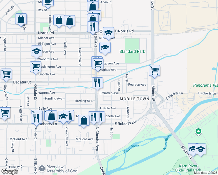 map of restaurants, bars, coffee shops, grocery stores, and more near 709 Wisteria Street in Bakersfield