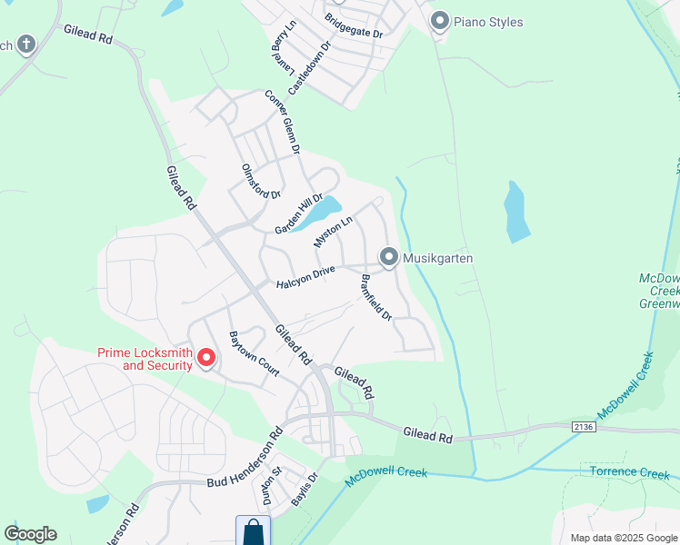 map of restaurants, bars, coffee shops, grocery stores, and more near 3918 Halcyon Drive in Huntersville