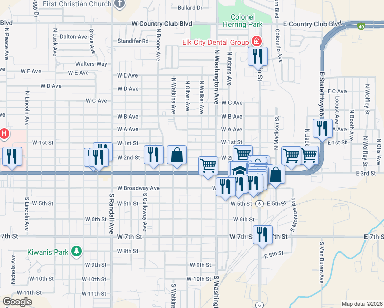 map of restaurants, bars, coffee shops, grocery stores, and more near 401 North Oliver Avenue in Elk City