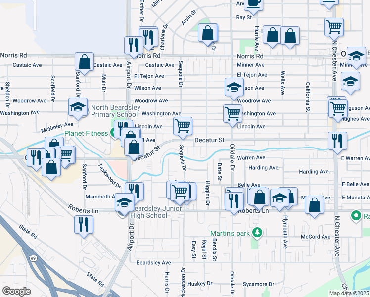 map of restaurants, bars, coffee shops, grocery stores, and more near 619 Decatur Street in Bakersfield