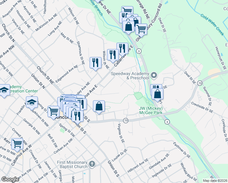 map of restaurants, bars, coffee shops, grocery stores, and more near 95 Woodsdale Place Southeast in Concord