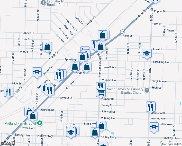 map of restaurants, bars, coffee shops, grocery stores, and more near 4015 North Street in Fort Smith