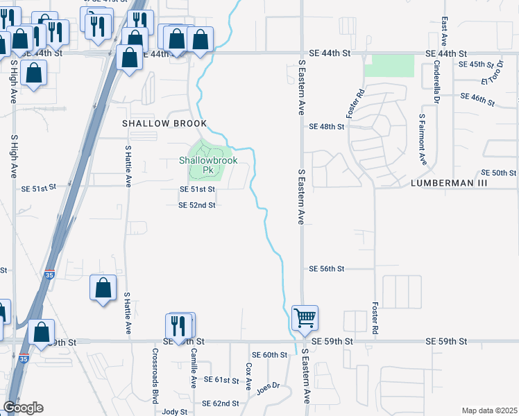 map of restaurants, bars, coffee shops, grocery stores, and more near 5131 South Eastern Avenue in Oklahoma City