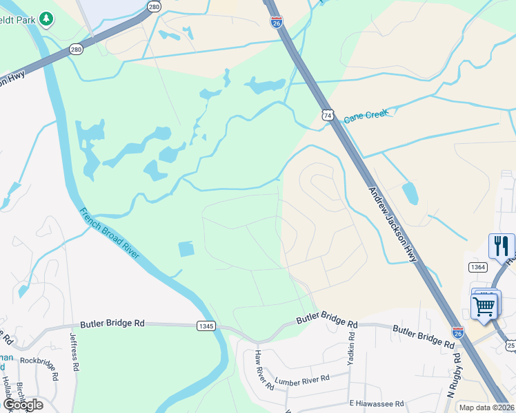 map of restaurants, bars, coffee shops, grocery stores, and more near 329 Tap Root Lane in Fletcher