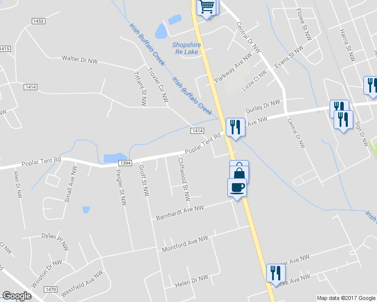 map of restaurants, bars, coffee shops, grocery stores, and more near 2374 Poplar Tent Road in Concord