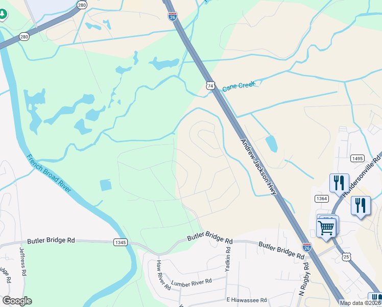 map of restaurants, bars, coffee shops, grocery stores, and more near 296 Tap Root Lane in Fletcher