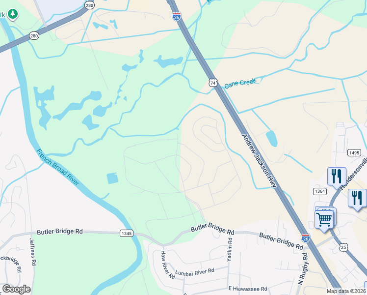 map of restaurants, bars, coffee shops, grocery stores, and more near 321 Tap Root Lane in Fletcher