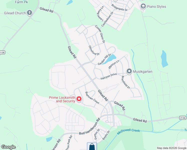 map of restaurants, bars, coffee shops, grocery stores, and more near 3620 Halcyon Drive in Huntersville