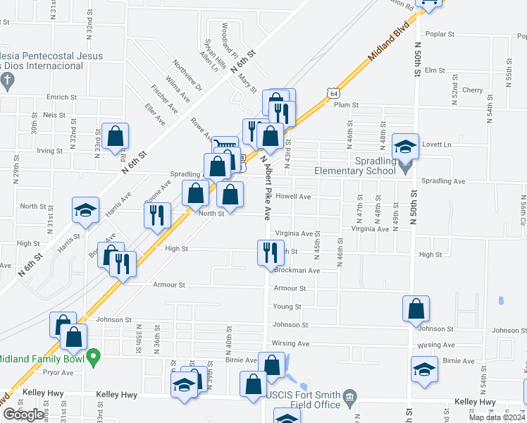map of restaurants, bars, coffee shops, grocery stores, and more near 3501 North Albert Pike Avenue in Fort Smith